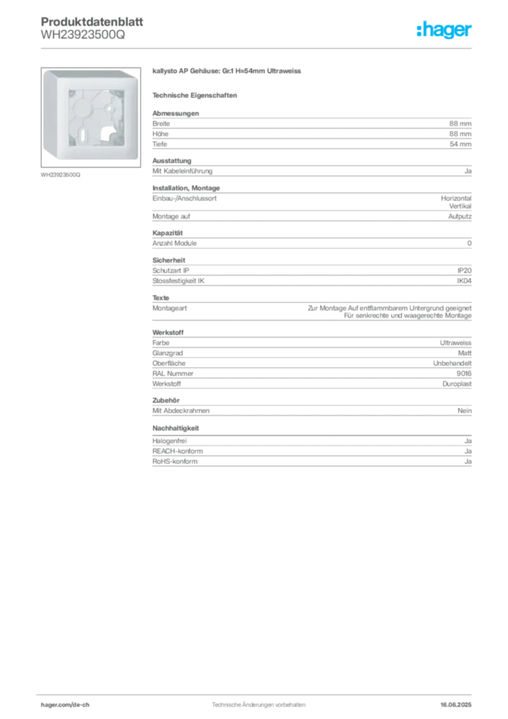 Bild Hager Produktdatenblatt WH23923500Q | Hager Schweiz