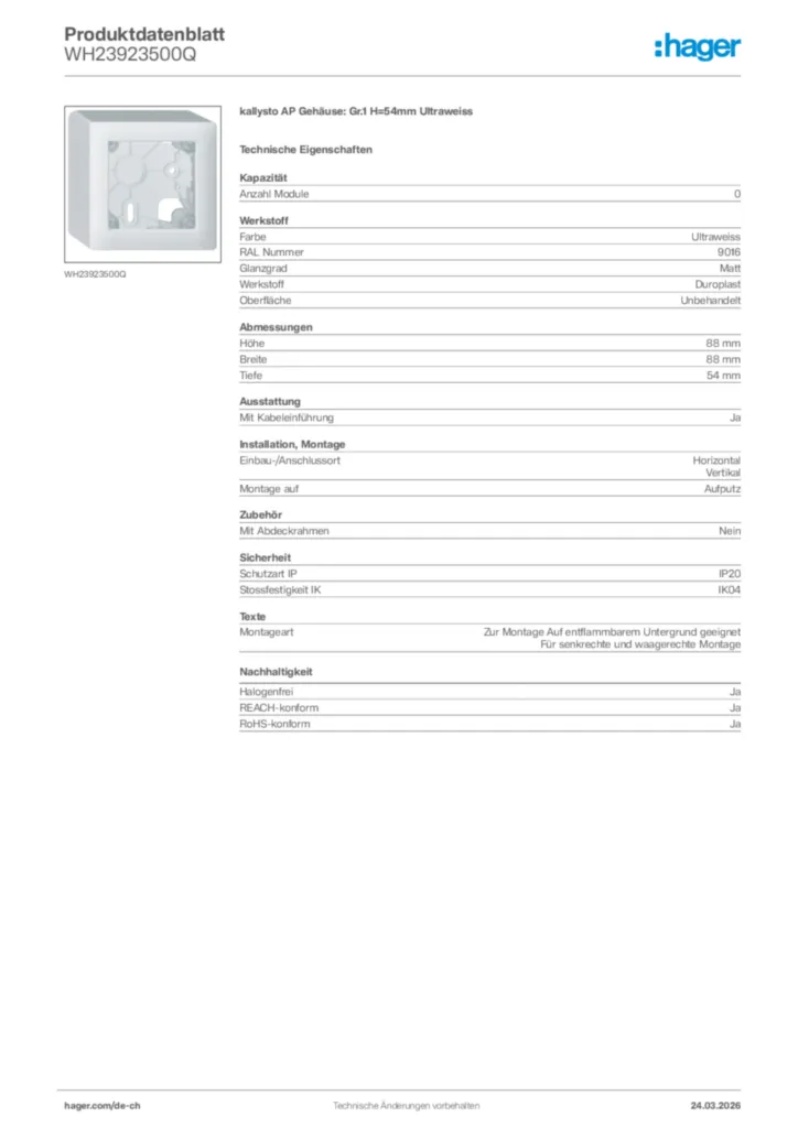 Bild Hager Produktdatenblatt WH23923500Q | Hager Schweiz
