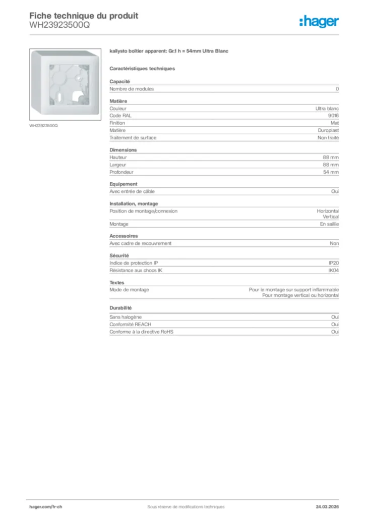 Image Hager Fiche technique du produit WH23923500Q | Hager Suisse