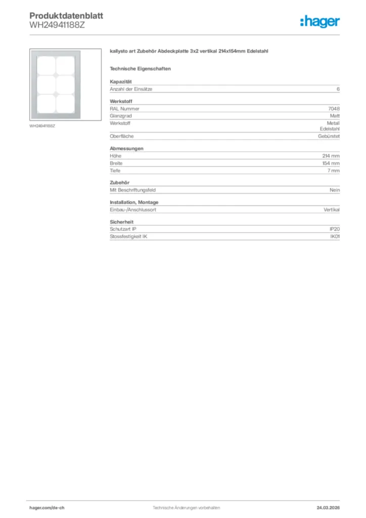 Bild Hager Produktdatenblatt WH24941188Z | Hager Schweiz