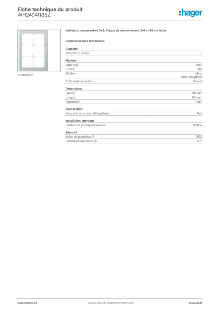 Image Hager Fiche technique du produit WH24941188Z | Hager Suisse