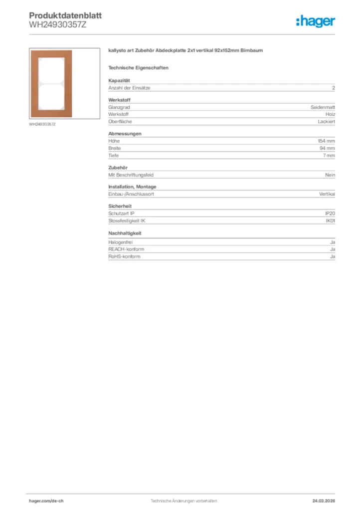 Bild Hager Produktdatenblatt WH24930357Z | Hager Schweiz