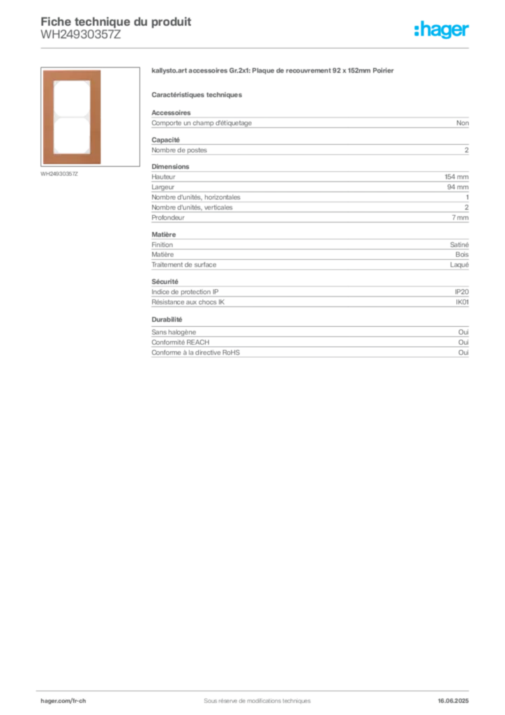 Image Hager Fiche technique du produit WH24930357Z | Hager Suisse