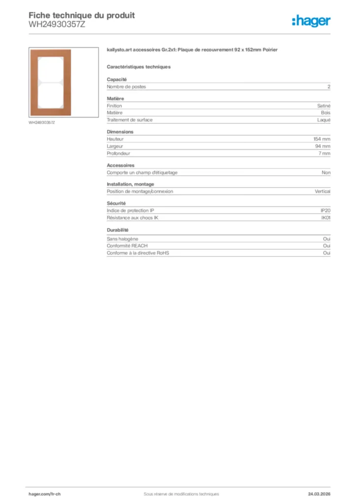 Image Hager Fiche technique du produit WH24930357Z | Hager Suisse