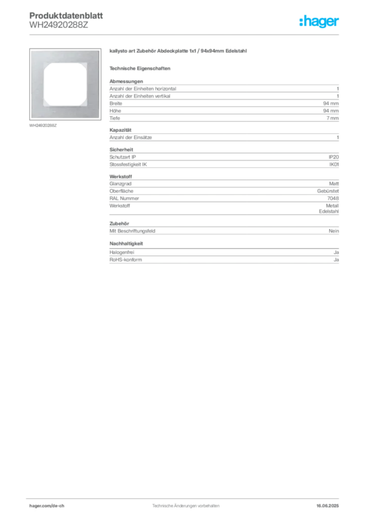 Bild Hager Produktdatenblatt WH24920288Z | Hager Schweiz