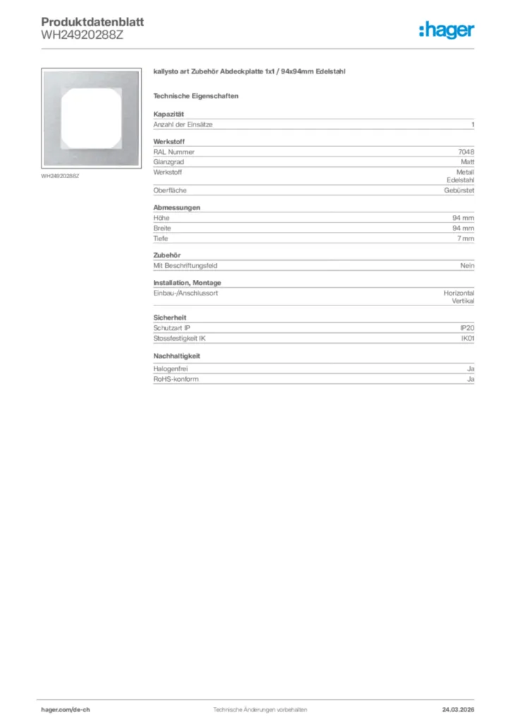 Bild Hager Produktdatenblatt WH24920288Z | Hager Schweiz