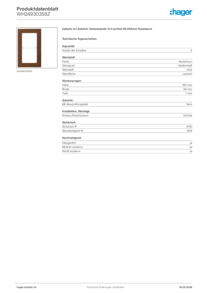 Bild Hager Produktdatenblatt WH24930358Z | Hager Schweiz