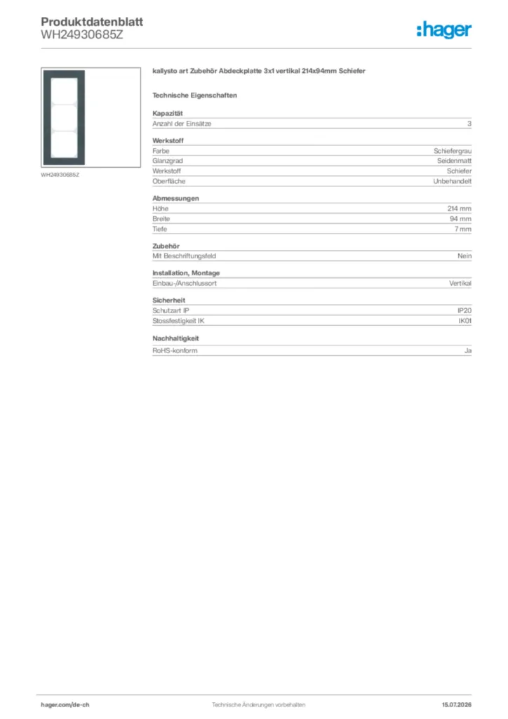 Bild Hager Produktdatenblatt WH24930685Z | Hager Schweiz