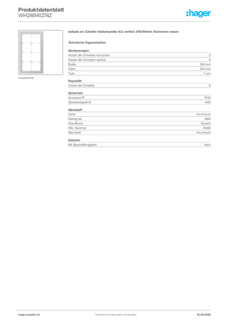 Bild Hager Produktdatenblatt WH24941274Z | Hager Schweiz