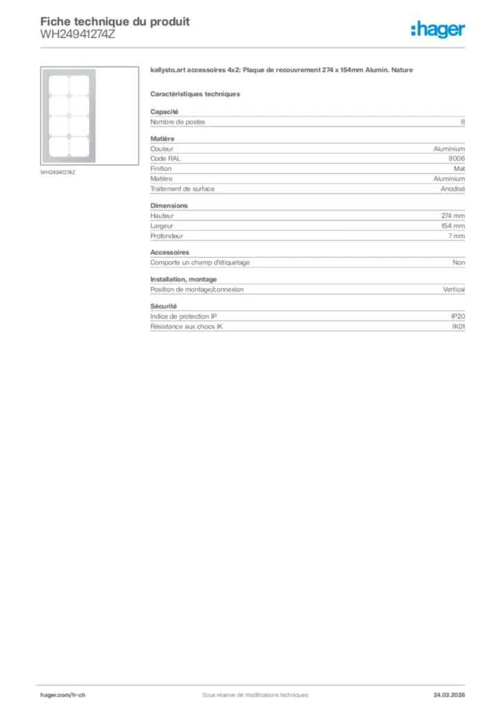 Image Hager Fiche technique du produit WH24941274Z | Hager Suisse