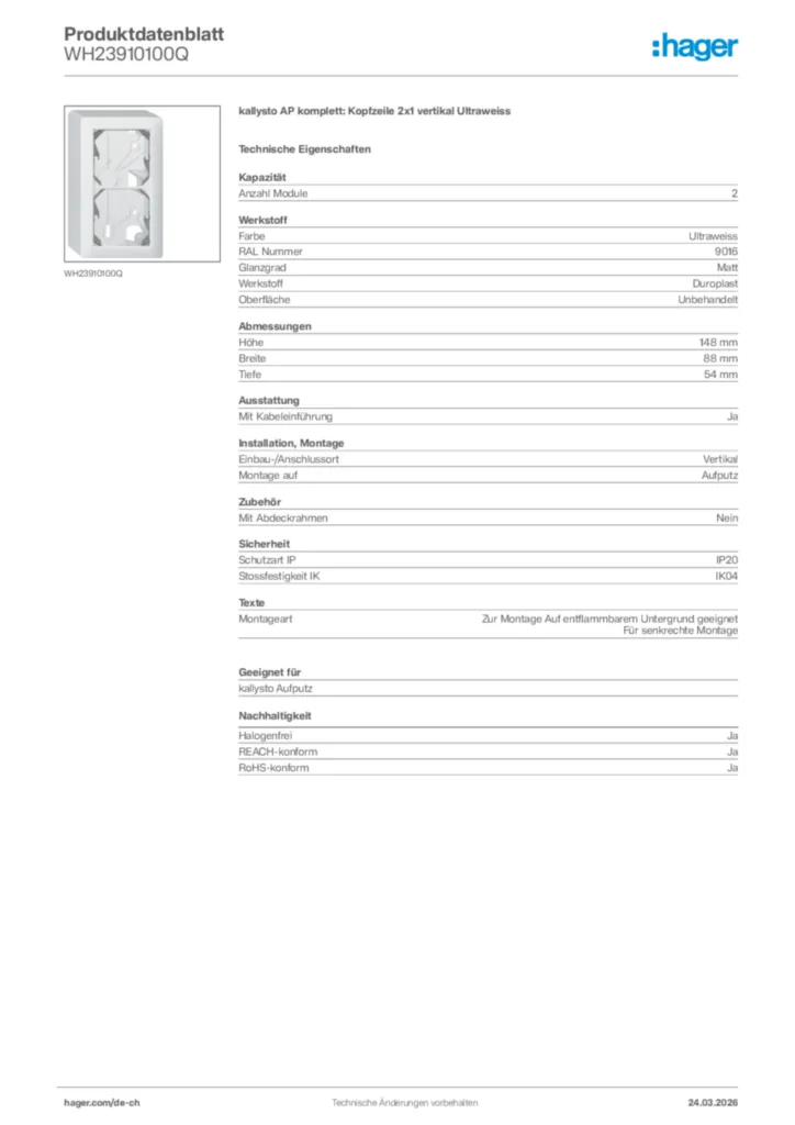 Bild Hager Produktdatenblatt WH23910100Q | Hager Schweiz
