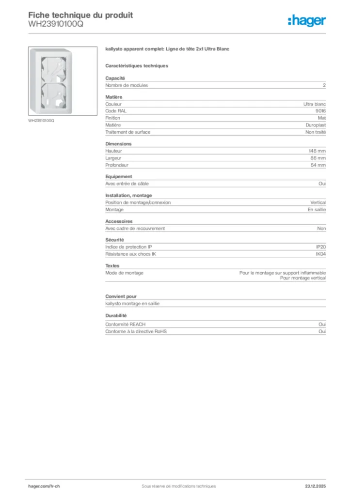 Image Hager Fiche technique du produit WH23910100Q | Hager Suisse