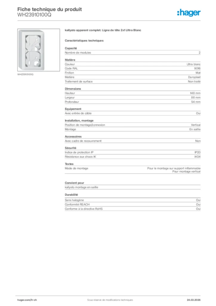 Image Hager Fiche technique du produit WH23910100Q | Hager Suisse