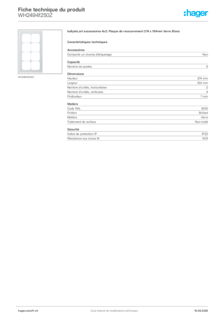 Image Hager Fiche technique du produit WH24941250Z | Hager Suisse