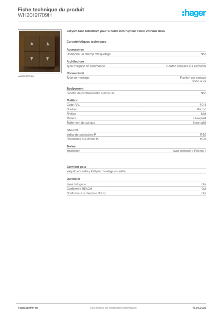 Image Hager Fiche technique du produit WH20191709H | Hager Suisse