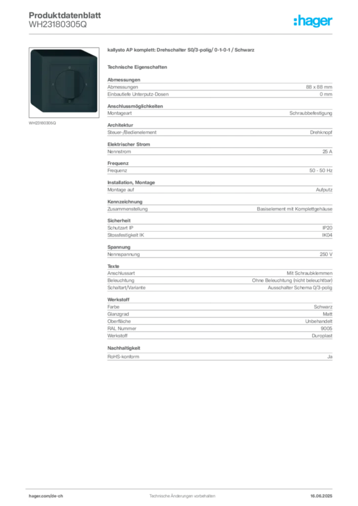 Bild Hager Produktdatenblatt WH23180305Q | Hager Schweiz
