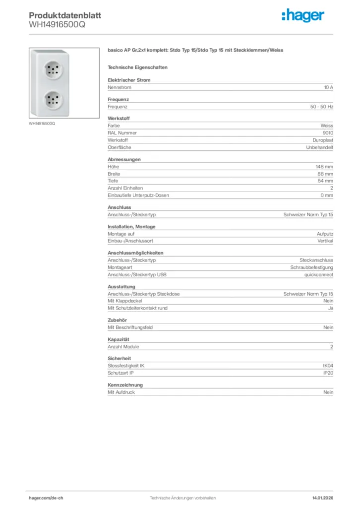 Bild Hager Produktdatenblatt WH14916500Q | Hager Schweiz