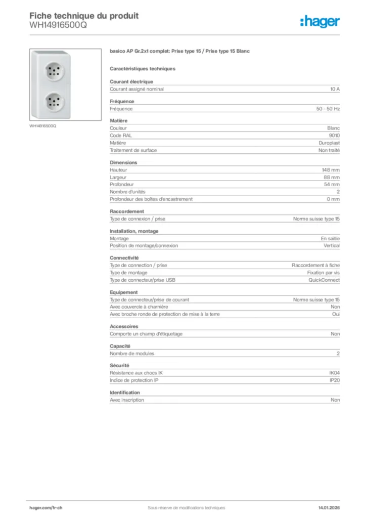 Image Hager Fiche technique du produit WH14916500Q | Hager Suisse