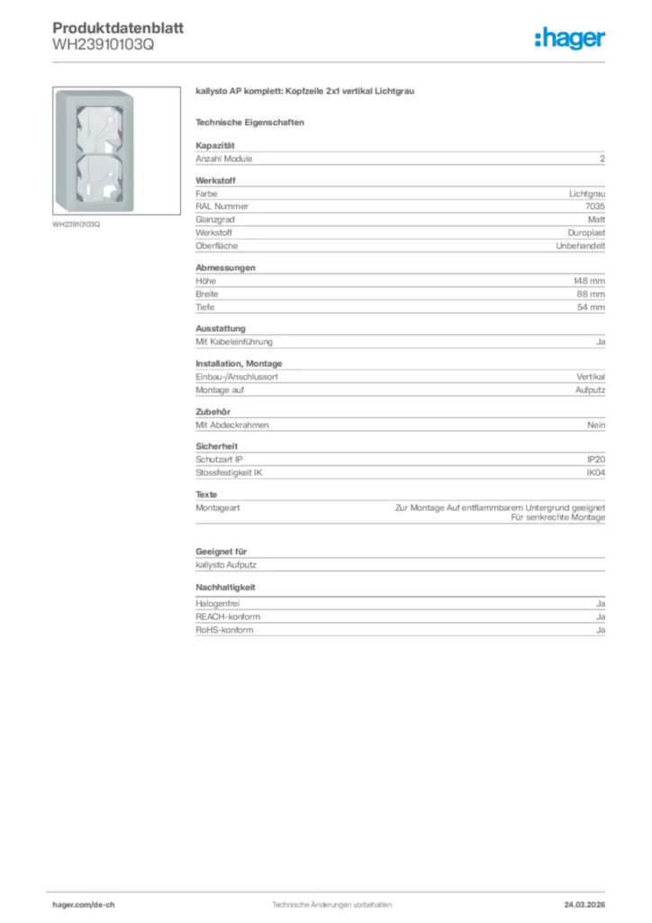 Bild Hager Produktdatenblatt WH23910103Q | Hager Schweiz