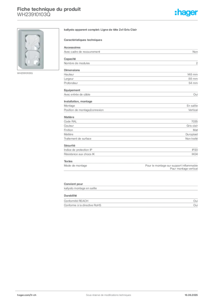 Image Hager Fiche technique du produit WH23910103Q | Hager Suisse