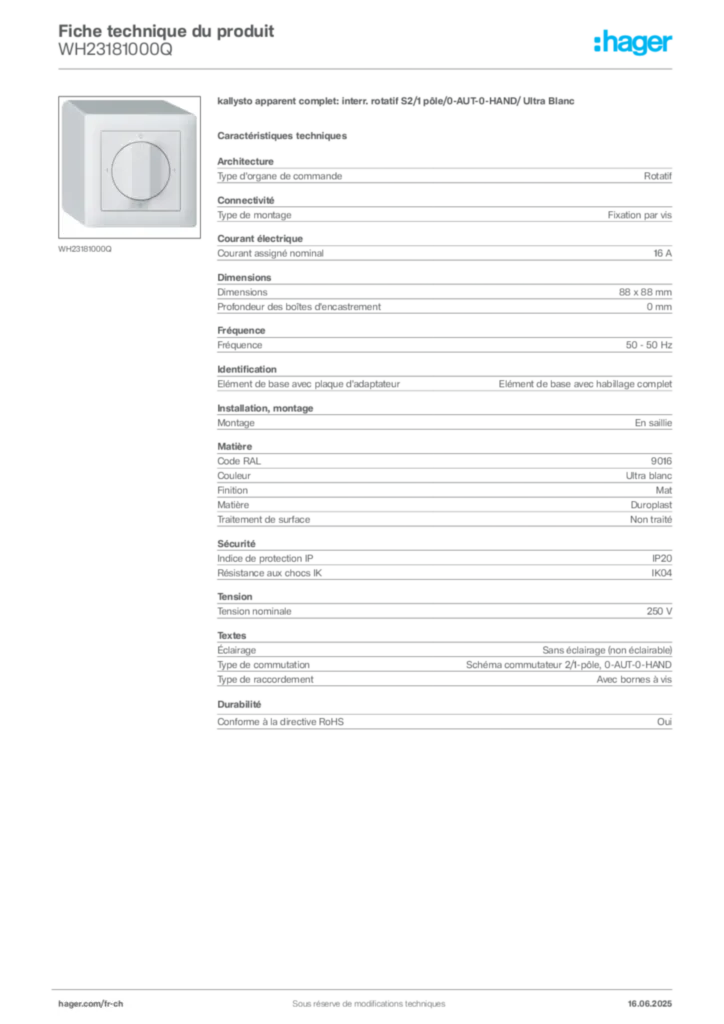 Image Hager Fiche technique du produit WH23181000Q | Hager Suisse