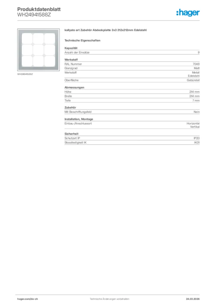 Bild Hager Produktdatenblatt WH24941588Z | Hager Schweiz
