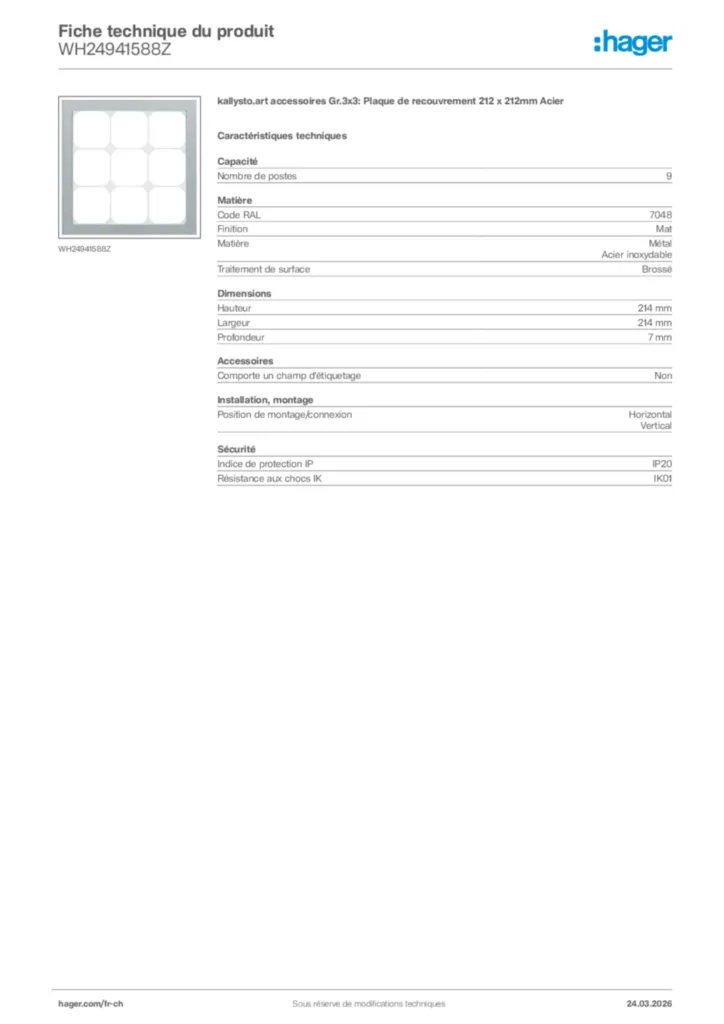 Image Hager Fiche technique du produit WH24941588Z | Hager Suisse