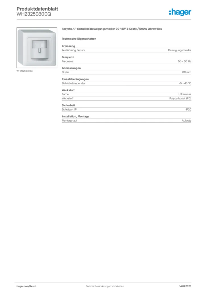 Bild Hager Produktdatenblatt WH23250800Q | Hager Schweiz