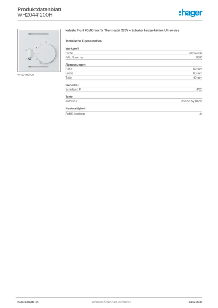 Bild Hager Produktdatenblatt WH20441200H | Hager Schweiz