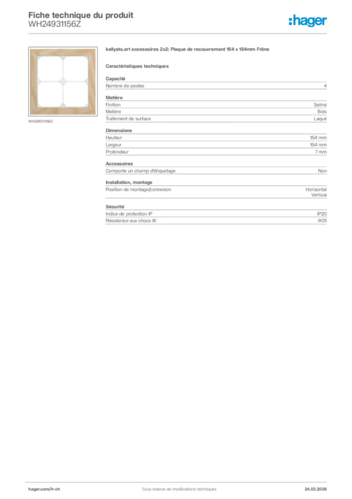 Image Hager Fiche technique du produit WH24931156Z | Hager Suisse