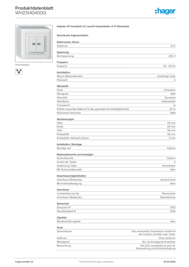Bild Hager Produktdatenblatt WH23140400Q | Hager Schweiz