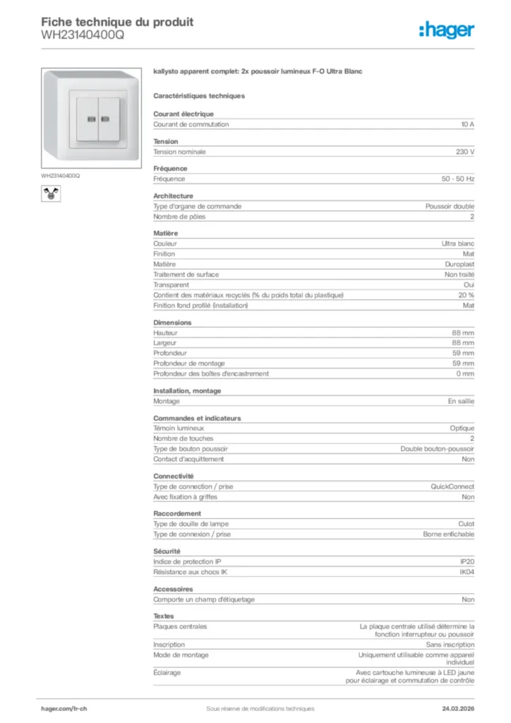 Image Hager Fiche technique du produit WH23140400Q | Hager Suisse