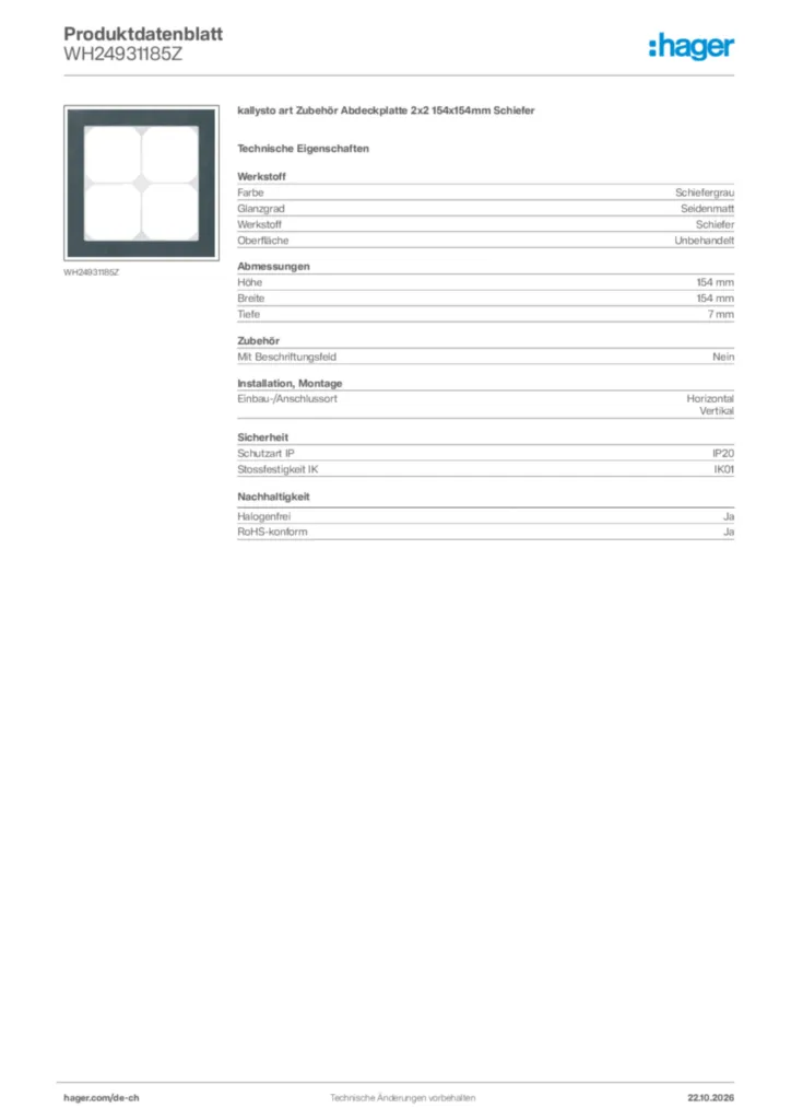 Bild Hager Produktdatenblatt WH24931185Z | Hager Schweiz