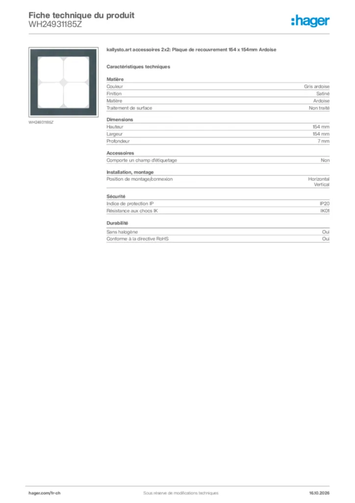 Image Hager Fiche technique du produit WH24931185Z | Hager Suisse