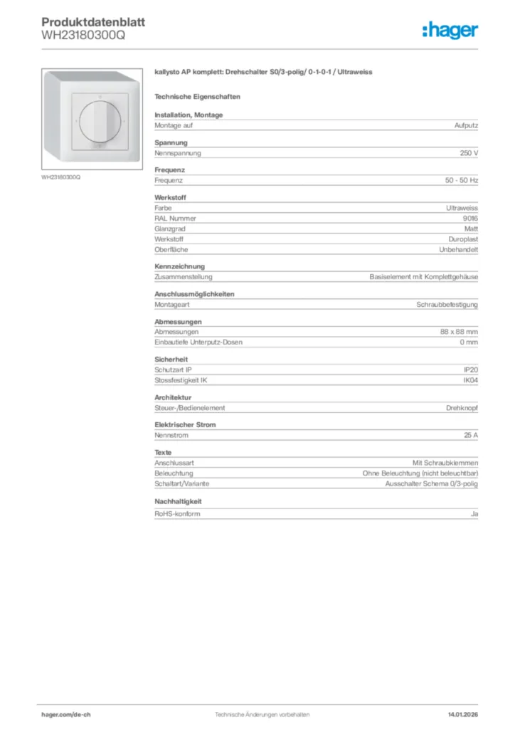 Bild Hager Produktdatenblatt WH23180300Q | Hager Schweiz