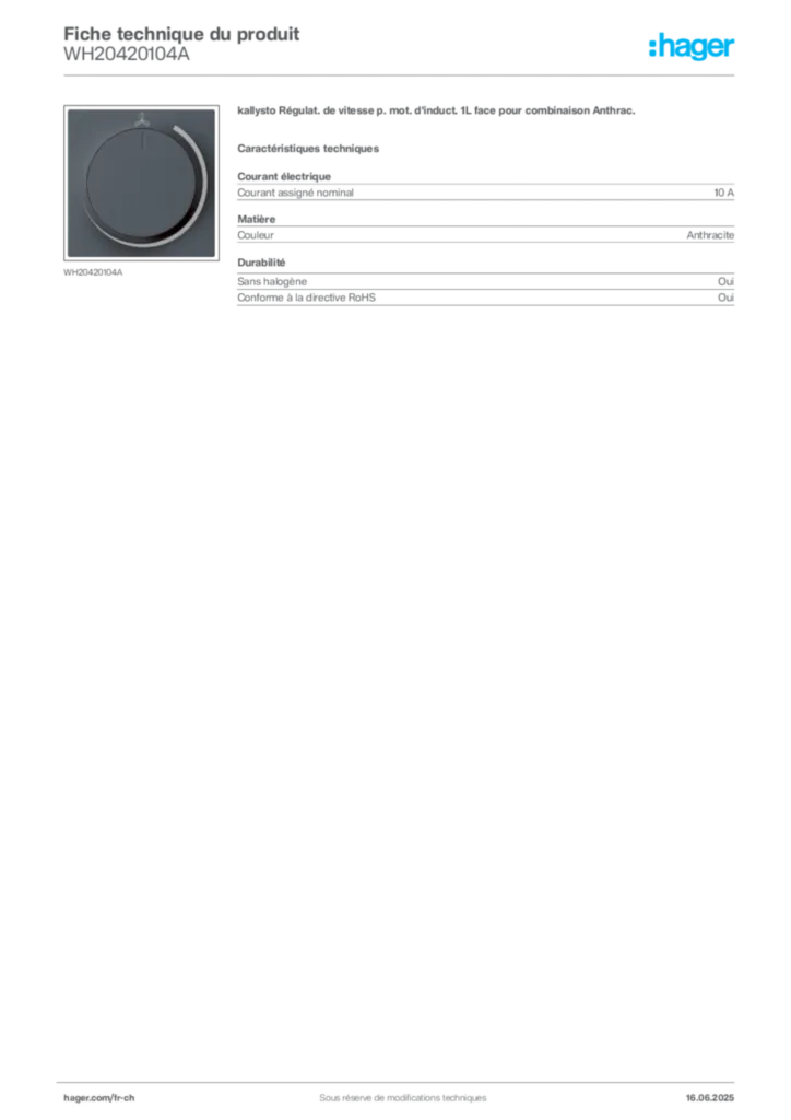 Image Hager Fiche technique du produit WH20420104A | Hager Suisse