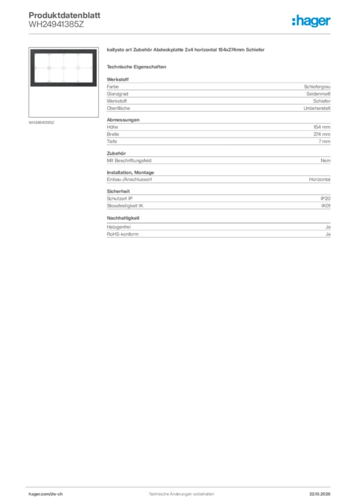Bild Hager Produktdatenblatt WH24941385Z | Hager Schweiz