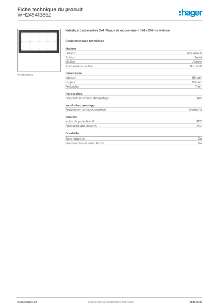 Image Hager Fiche technique du produit WH24941385Z | Hager Suisse