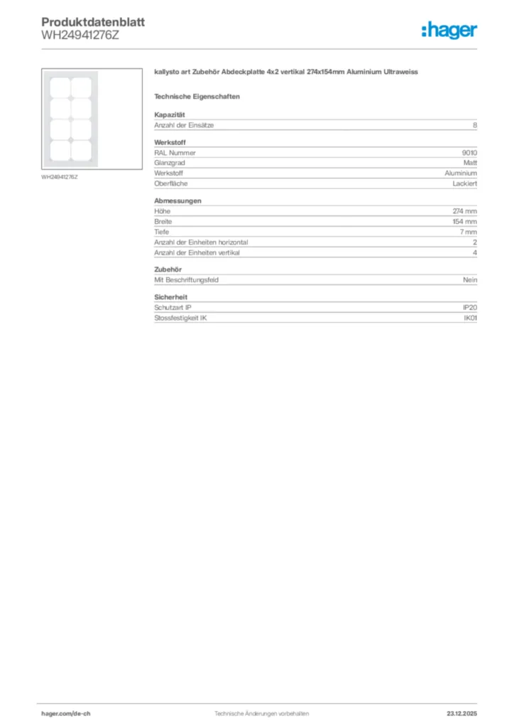 Bild Hager Produktdatenblatt WH24941276Z | Hager Schweiz