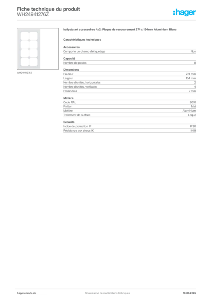 Image Hager Fiche technique du produit WH24941276Z | Hager Suisse