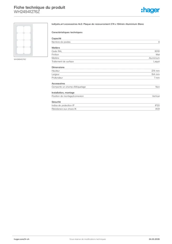 Image Hager Fiche technique du produit WH24941276Z | Hager Suisse