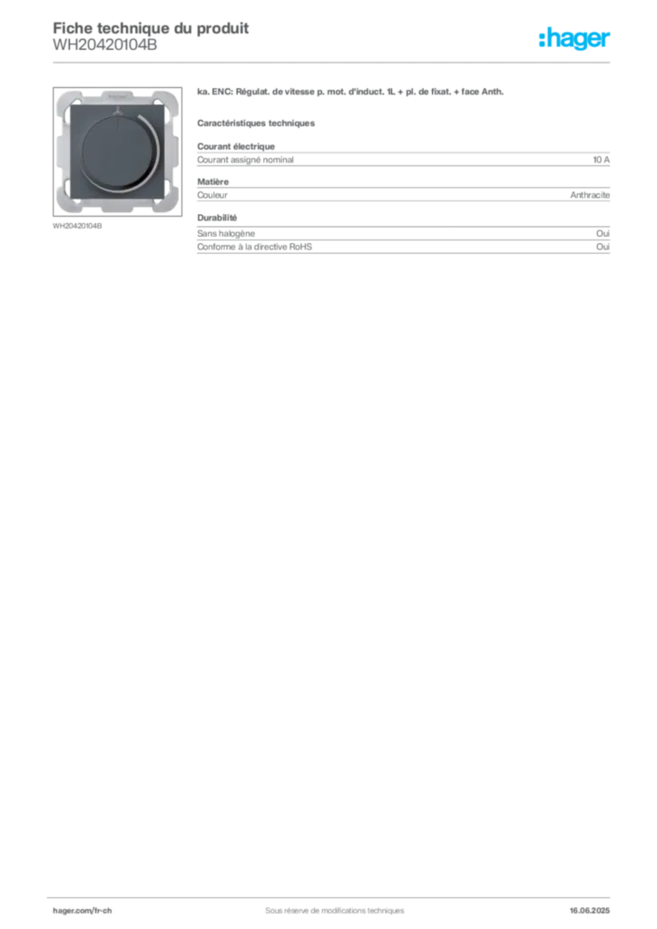 Image Hager Fiche technique du produit WH20420104B | Hager Suisse