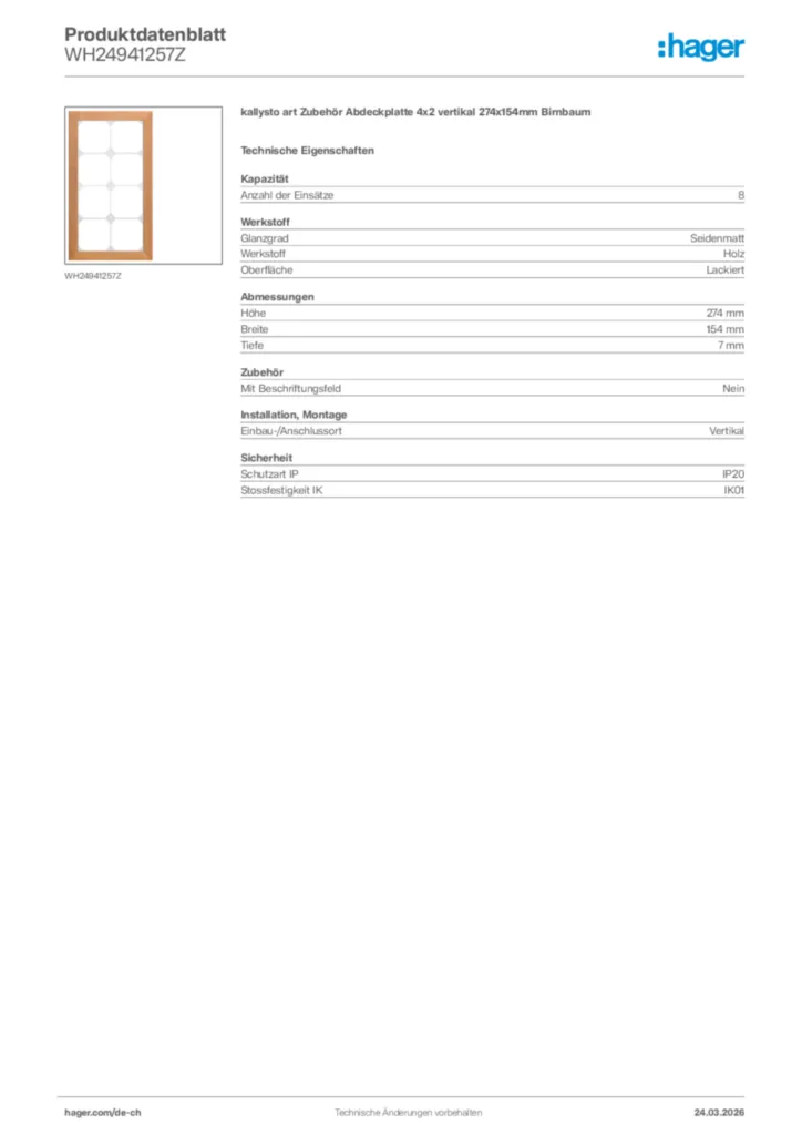 Bild Hager Produktdatenblatt WH24941257Z | Hager Schweiz