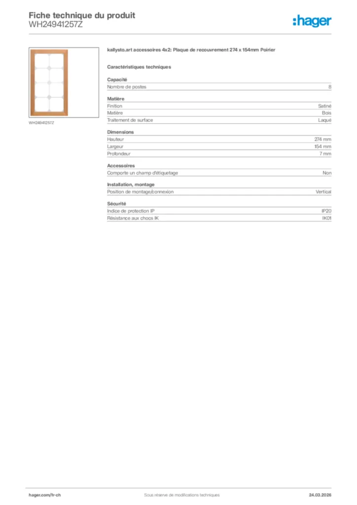 Image Hager Fiche technique du produit WH24941257Z | Hager Suisse