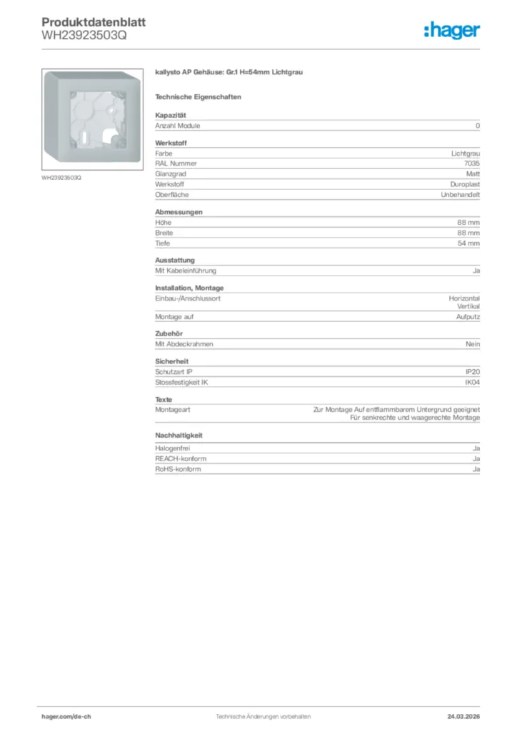 Bild Hager Produktdatenblatt WH23923503Q | Hager Schweiz