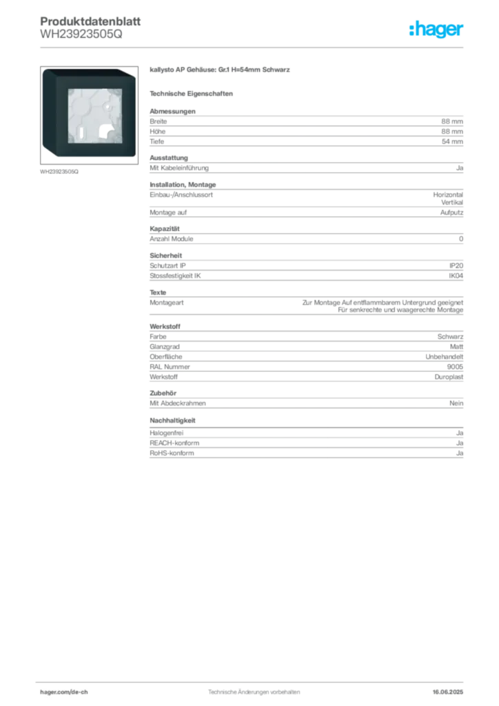 Bild Hager Produktdatenblatt WH23923505Q | Hager Schweiz
