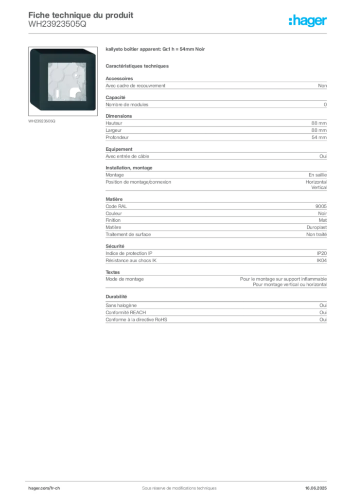 Image Hager Fiche technique du produit WH23923505Q | Hager Suisse