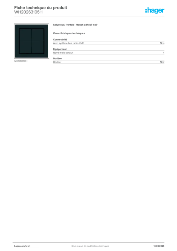 Image Hager Fiche technique du produit WH20263105H | Hager Suisse