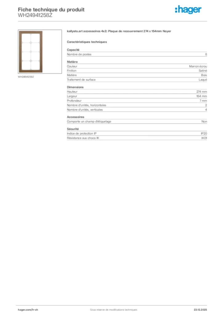 Image Hager Fiche technique du produit WH24941258Z | Hager Suisse