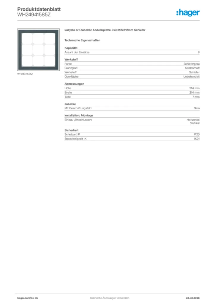 Bild Hager Produktdatenblatt WH24941585Z | Hager Schweiz